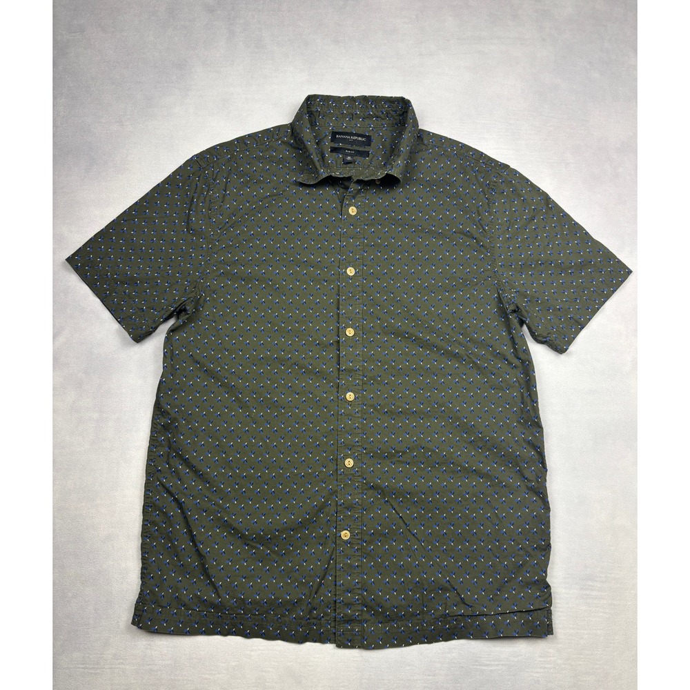 Banana Republic Mens Slim Fit Short Sleeve Organic‎ Cotton Shirt Olive Green M